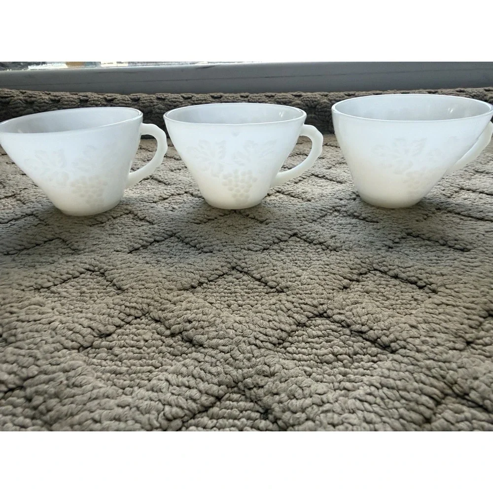6 White Punch Cups Anchor Hocking Milk Glass Grape Pattern